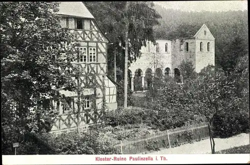 Ak Paulinzella Rottenbach Königsee in Thüringen, Kloster-Ruine, Fachwerkhaus