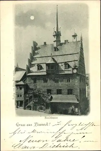 Mondschein Ak Pößneck in Thüringen, Rathaus