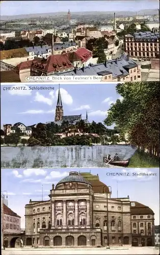 Ak Chemnitz in Sachsen, Ort von Teubner's Berg gesehen, Schlosskirche, Stadttheater