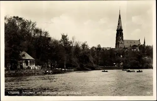 Ak Chemnitz, Schlossteich mit Schlosskirche und Milchhäuschen