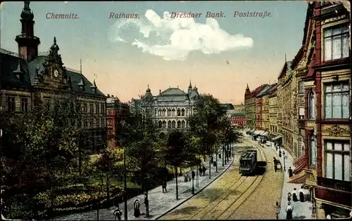 Ak Chemnitz Sachsen, Rathaus, Dresdner Bank, Poststraße, Straßenbahn