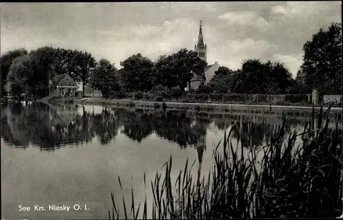 Ak See Niesky in der Oberlausitz, Teilansicht, Wasserpartie, Kirche