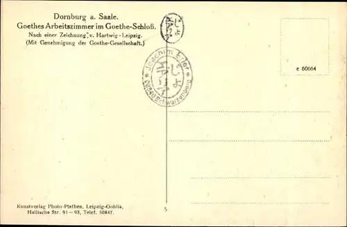 Künstler Ak v. Hartwig, Dornburg an der Saale Thüringen, Goethes Arbeitszimmer im Goethe Schloss