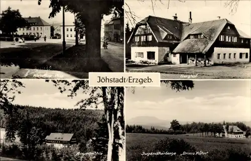 Ak Jöhstadt im Erzgebirge Sachsen, Karl Marx Platz, Berghof, Raummühle, Jugendherberge Bruno Kühn