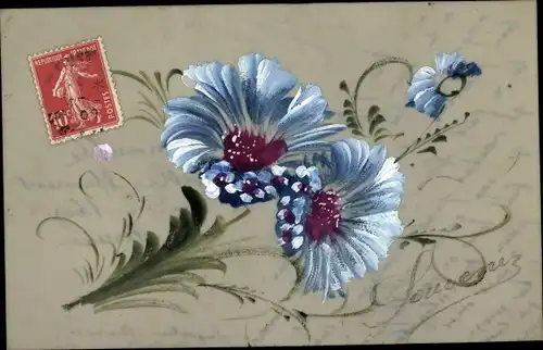 Zelluloid Ak Blaue Blumen, Souvenir