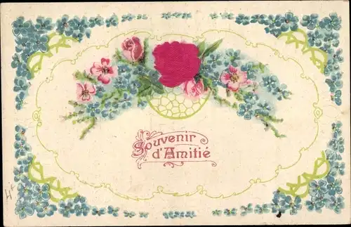 Präge Ak Souvenir d'Amitie, Blumen, Rose, Vergissmeinnicht