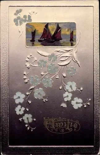 Relief Stoff Ak Amitie, Segelboote, Vergissmeinnicht