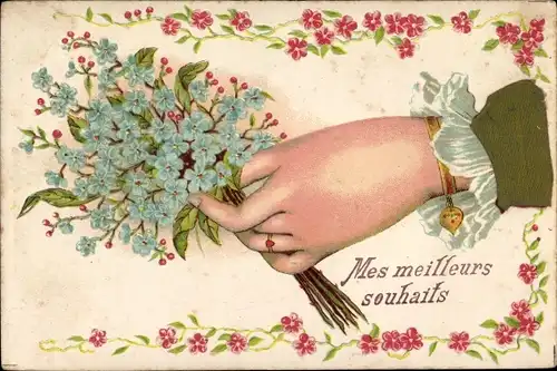 Präge Ak Mes meilleurs souhaits, Hand, Vergissmeinnicht, Blumen