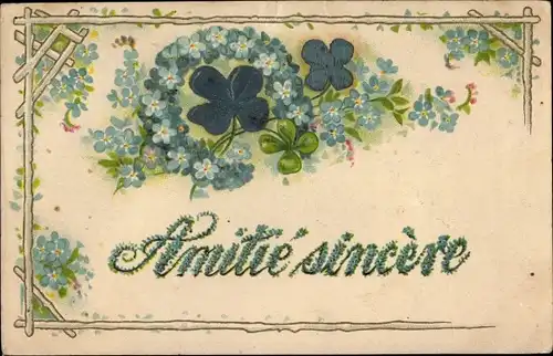 Präge Stoff Ak Amitie sincere, Vergissmeinnicht, Glücksklee