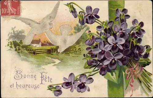 Präge Stoff Ak Glückwunsch, Bonne Fete, Veilchen, Tauben, Dorf