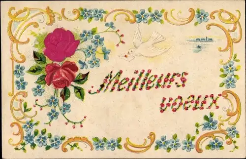 Präge Stoff Ak Meilleurs voeux, Taube, Rosen, Vergissmeinnicht