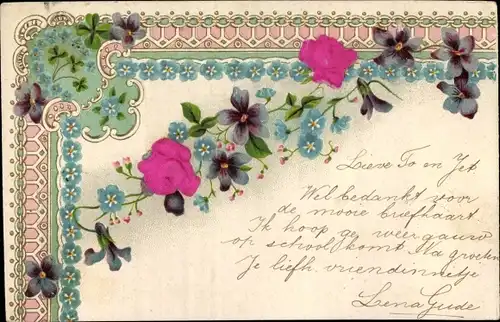 Präge Stoff Ak Blumen, Rosen, Veilchen, Vergissmeinnicht