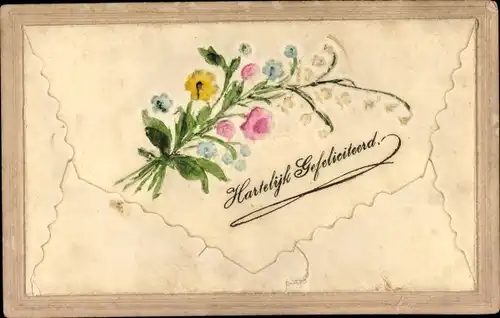 Relief Klapp Ak Glückwunsch, Hartelijk Gefeliciteerd, Blumenstrauß