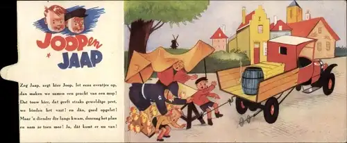 Klapp Künstler Ak Hens, L., Joop en Jaap, Lausbuben, Stand mit Früchten, Polizist, Wagen