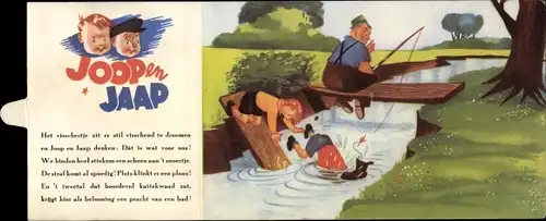 Klapp Künstler Ak Hens, L., Joop en Jaap, Lausbuben, Mann beim Angeln, Fluss, Bestrafung