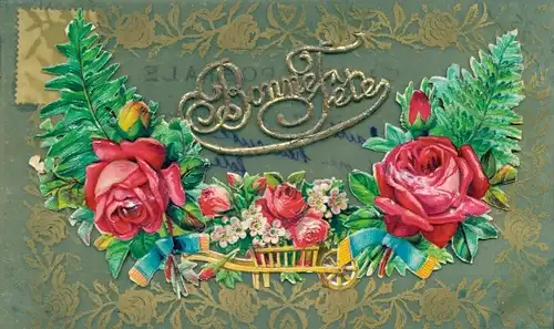 Zelluloid Ak Glückwunsch, Bonne Fete, Rosen, Schubkarre, Blumen
