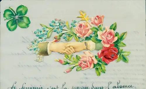 Zelluloid Ak Händedruck, Rosen, Glücksklee, Vergissmeinnicht