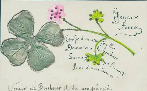 Zelluloid Ak Glückwunsch Neujahr, Glücksklee, Glitzer