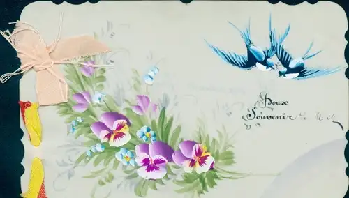 Zelluloid Ak Stiefmütterchen, Vergissmeinnicht, Schwalben, Stoffschleife