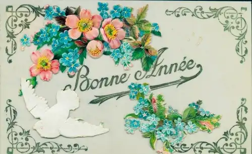 Zelluloid Ak Glückwunsch Neujahr, Taube, Blumen, Vergissmeinnicht