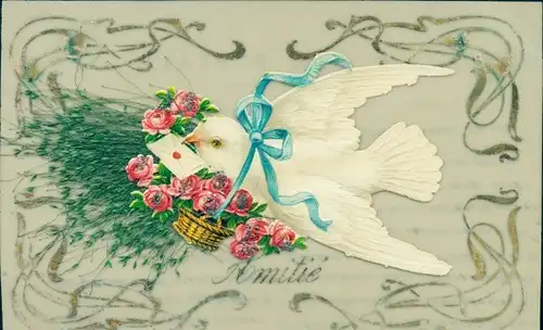 Zelluloid Ak Amitie, Taube, Rosen, Korb, Kitsch