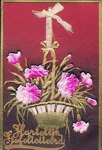 Relief Stoff Ak Glückwunsch, Hartelijk Gefeliciteerd, Blumenkorb, Stoffschleife