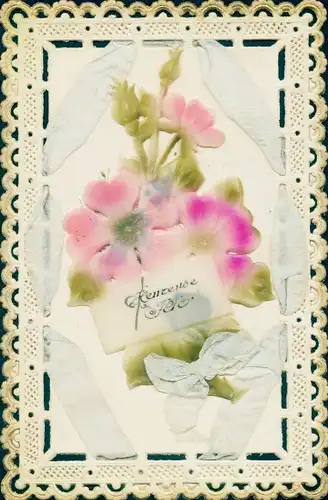 Stoff Ak Glückwunsch, Heureuse Fete, Stoffschleifen, Blumen