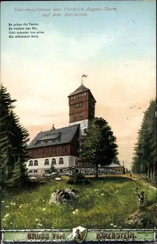 Künstler Ak Pässler, Rud., Bärenstein in Sachsen, Unterkunftshaus mit Friedrich August Turm, Wappen