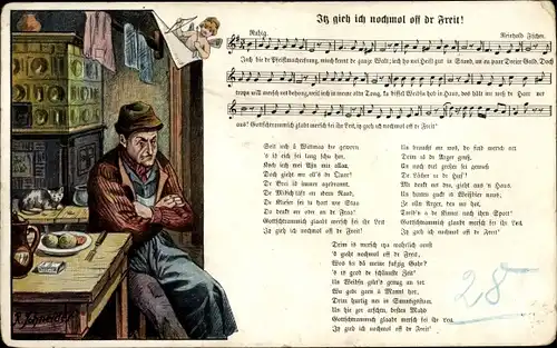 Lied Ak Schneider, Rud., Itz gieh ich nochmol off dr Freit, Wilhelm Vogel, Mann, Kachelofen