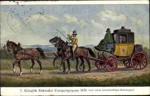Künstler Ak Müller, Gustav, Königlich Sächsisches Extrapostgespann 1836