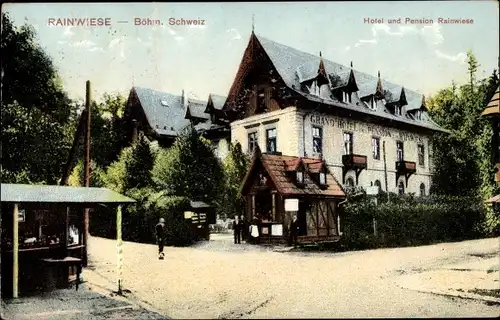 Ak Mezní Louka Rainwiese Hřensko Herrnskretschen Elbe Reg Aussig, Hotel und Pension Rainwiese