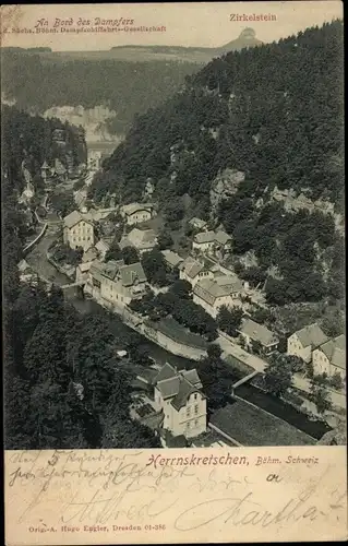 Ak Hřensko Herrnskretschen Elbe Region Aussig, Gesamtansicht mit Zirkelstein