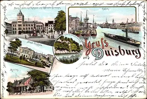 Litho Duisburg im Ruhrgebiet, Tonhalle, Monning, Hafen, Burgplatz, Rathaus