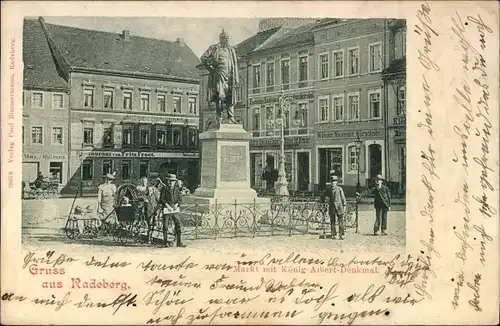 Ak Radeberg in Sachsen, Markt mit König Albert Denkmal, Restaurant Fritz Frost