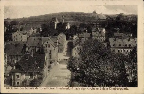 Ak Ehrenfriedersdorf im Erzgebirge, Blick von der Schule, Kirche, Zinnbergwerk