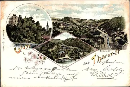 Litho Tharandt im Erzgebirge, Totalansicht der Ortschaft, Teich, Burgruine