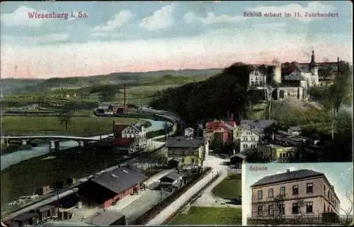 Ak Wiesenburg Wildenfels im Erzgebirge, Schloss erbaut im 11. Jahrhundert, Totalansicht, Schule