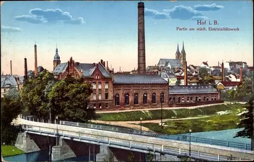 Ak Hof an der Saale Oberfranken Bayern, Partie am städtischen Elektrizitätswerk