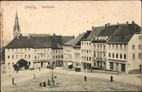 Ak Leisnig in Sachsen, Marktplatz, G. Bruno Lippe, Apotheke, Konsumverein, Moritz Schilde Konditorei