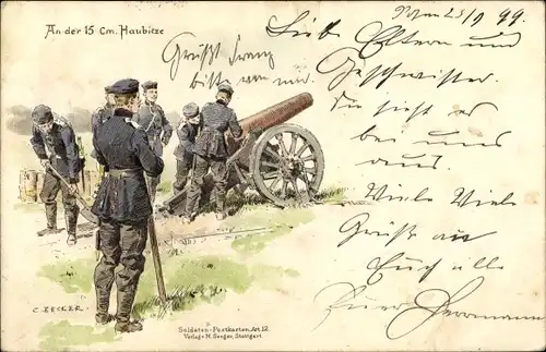 Litho An der 15 cm Haubitze, deutsche Soldaten mit Geschütz