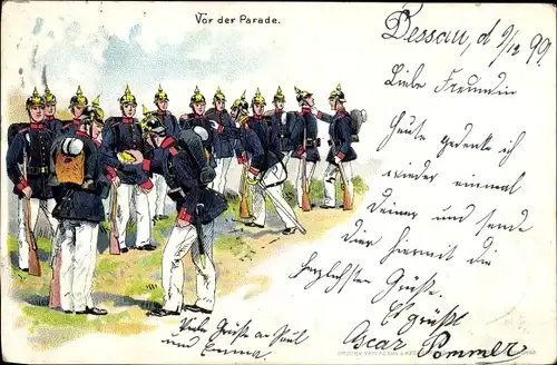 Litho Vor der Parade, Soldaten kontrollieren Uniformen