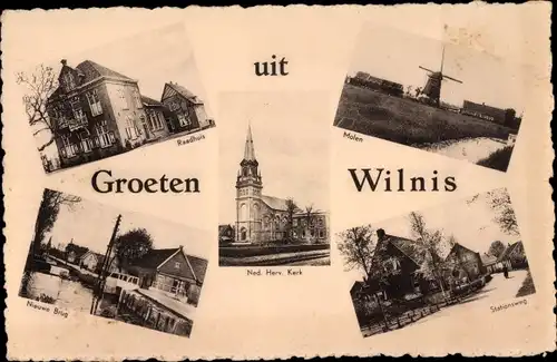 Ak Wilnis De Ronde Venen Utrecht, Raadhuis, Molen, Nieuwe Brug, Stationsweg, Ned. Herv. Kerk