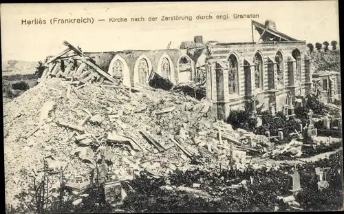 Ak Herlies Nord, Kirche n. d. Zerstörung durch engl. Granaten