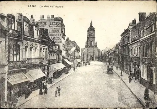 Ak Lens Pas de Calais, Le Grand' Place, Kirche, Geschäfte, Papeterie
