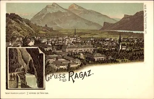 Litho Bad Ragaz Kanton St. Gallen, Panorama vom Ort, Taminaschlucht