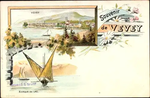 Litho Vevey Kanton Waadt, Barque du Lac, Panorama vom Ort