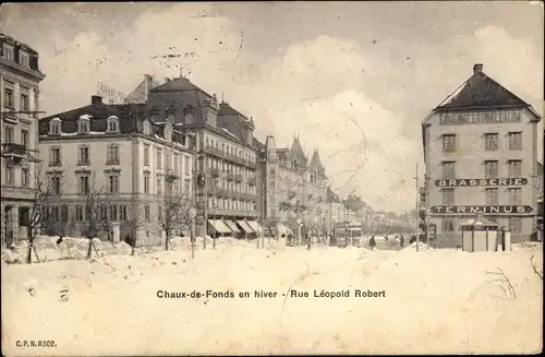 Ak La Chaux de Fonds Kanton Neuenburg, Rue Leopold Robert, Brasserie Terminus