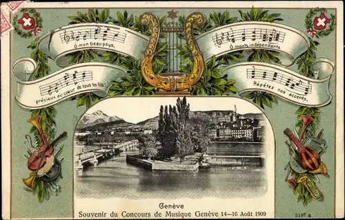 Präge Lied Ak Genève Genf Schweiz, Concours de Musique 1909, Lyra, Noten