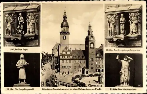Ak Chemnitz Sachsen, Glocken und Kunstuhrenspiel im alten Rathaus, Figuren