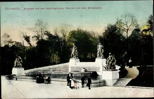 Ak Chemnitz, Brunnen mit den Schillingschen Figuren auf dem Königsplatz